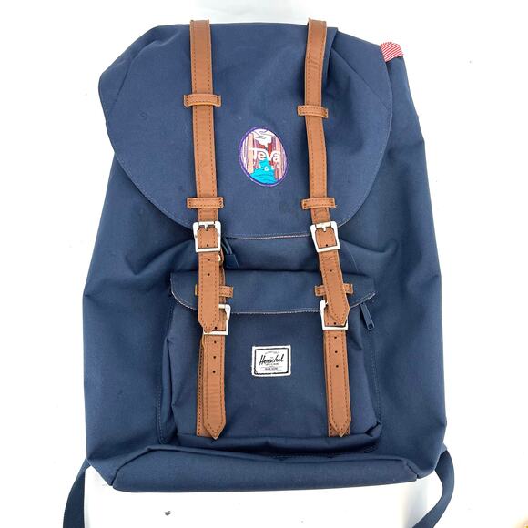 Herschel Navy Canvas Backpack - Red Candy Stripe Lining, Faux Leather Accents - Picture 1 of 7